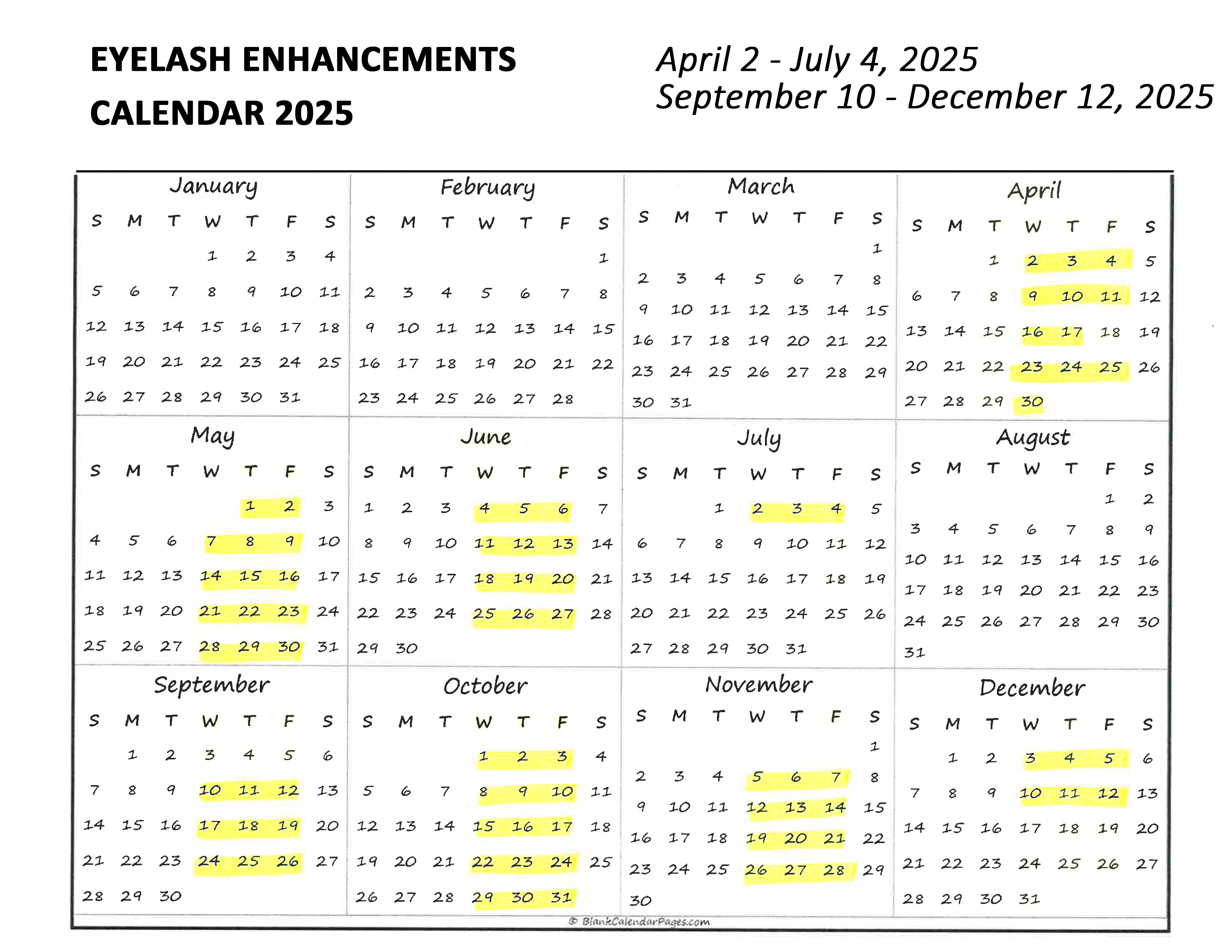 2024 Lash tech Calendar all dates